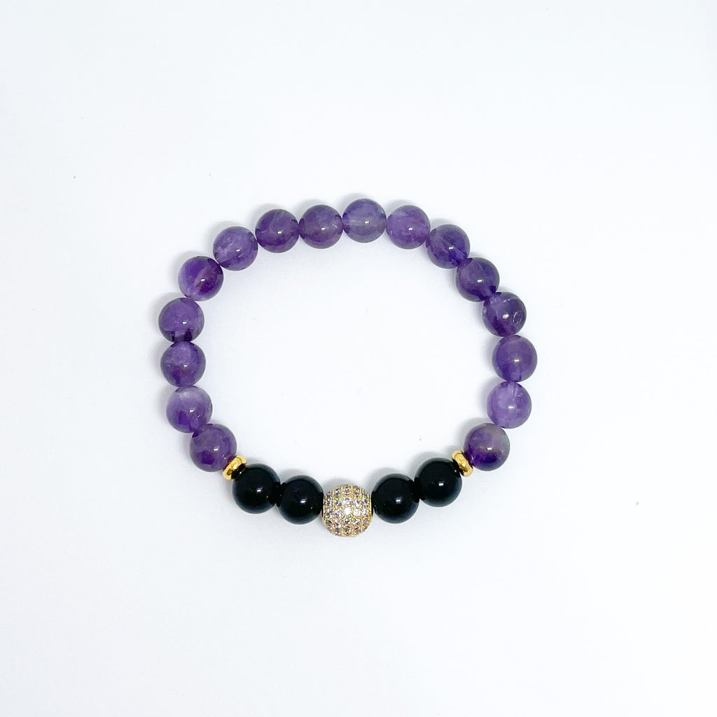 Amethyst and Onyx Energy Gemstone Couples Bracelet Set