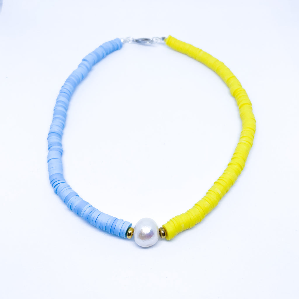 Polymer Clay and natural Pearl Necklace Support Ukraine Nation Flag Ukranian