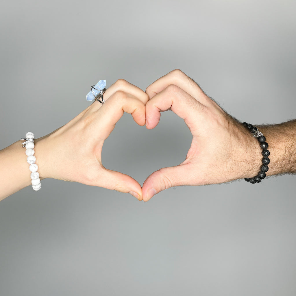 Howlite and Black Lava Energy Gemstone Couples Bracelet Set