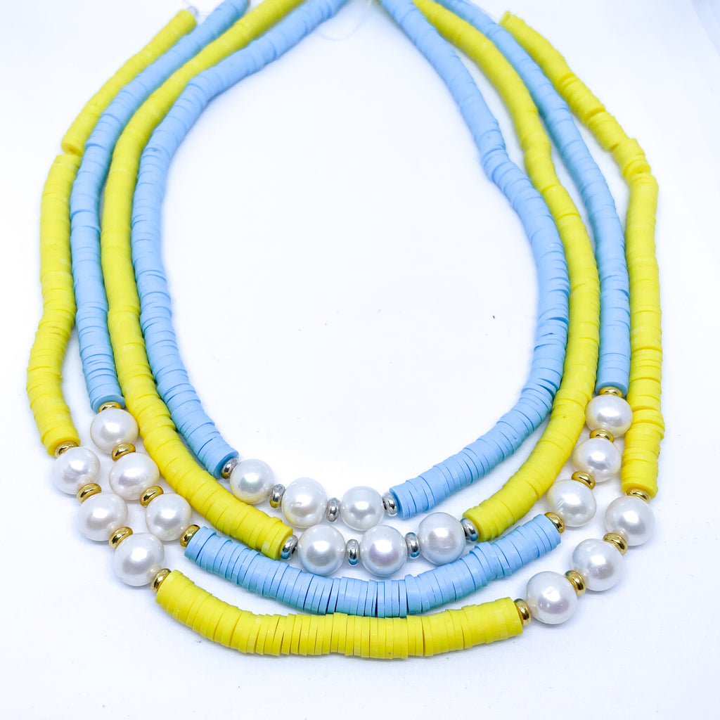 Polymer Clay and natural Pearl Necklace Support Ukraine Nation Flag Ukranian