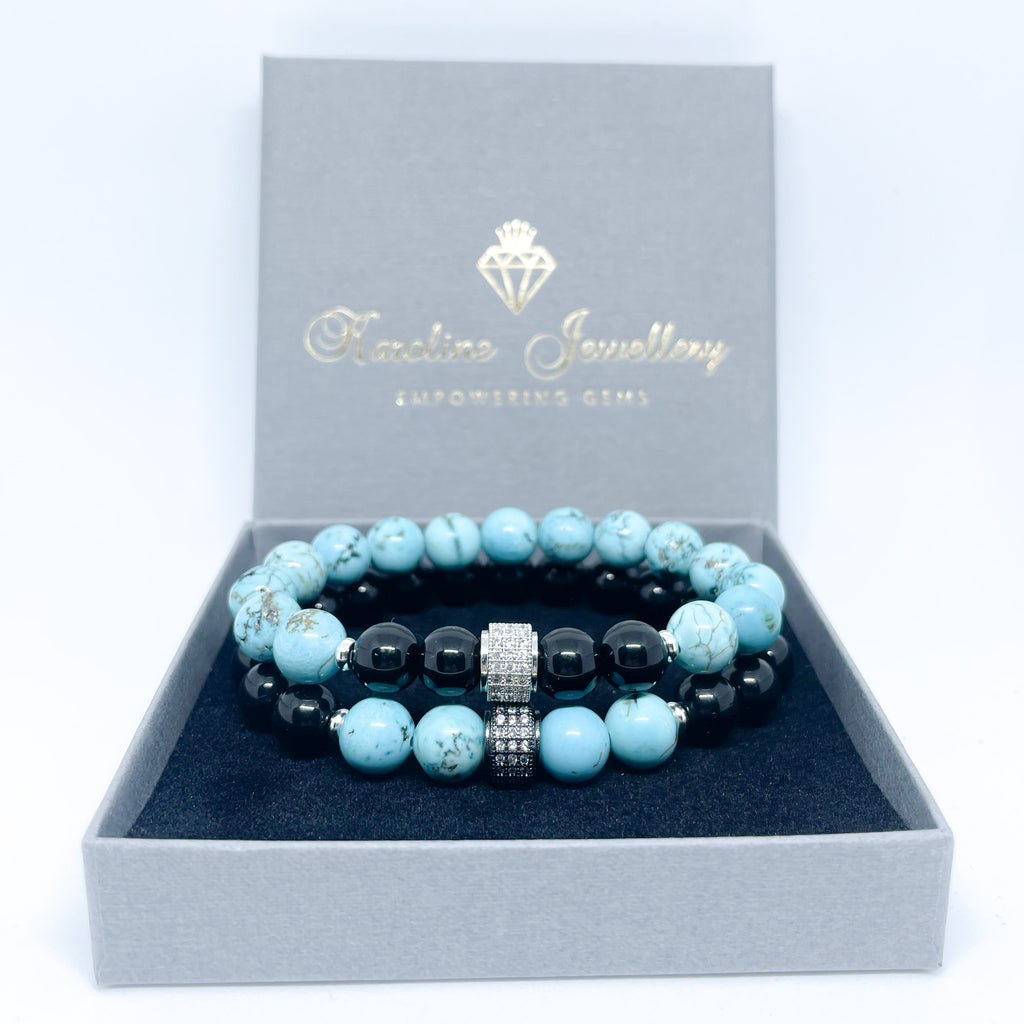 Turquoise and Onyx Energy Gemstone Couples Bracelet Set