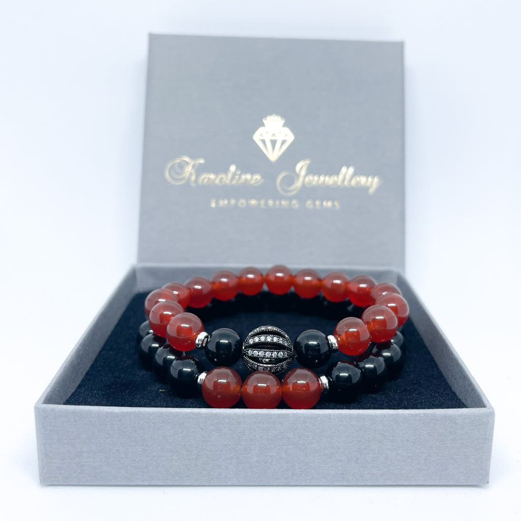 Carnelian and Onyx Energy Gemstone Couples Bracelet Set