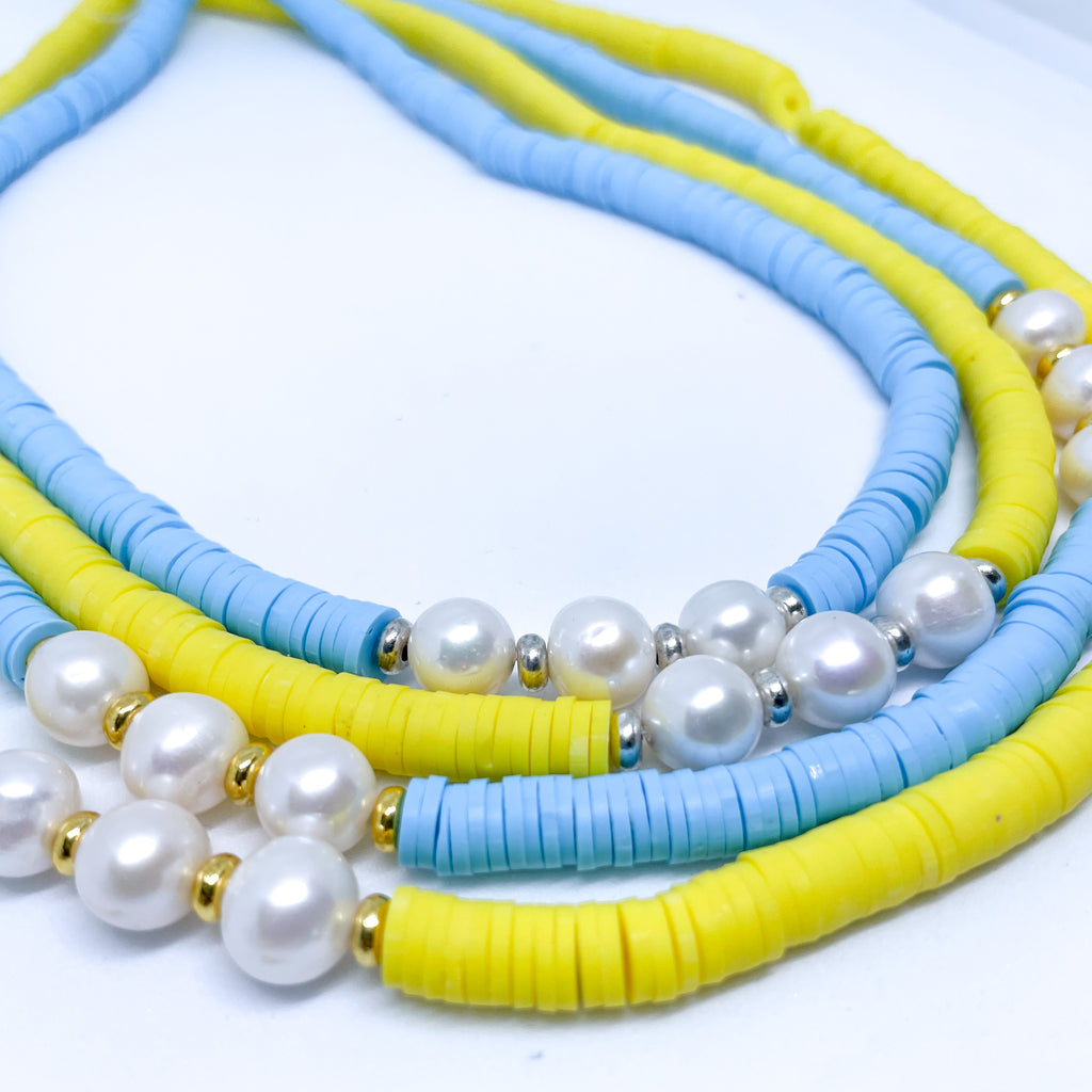 Polymer Clay and natural Pearl Necklace Support Ukraine Nation Flag Ukranian