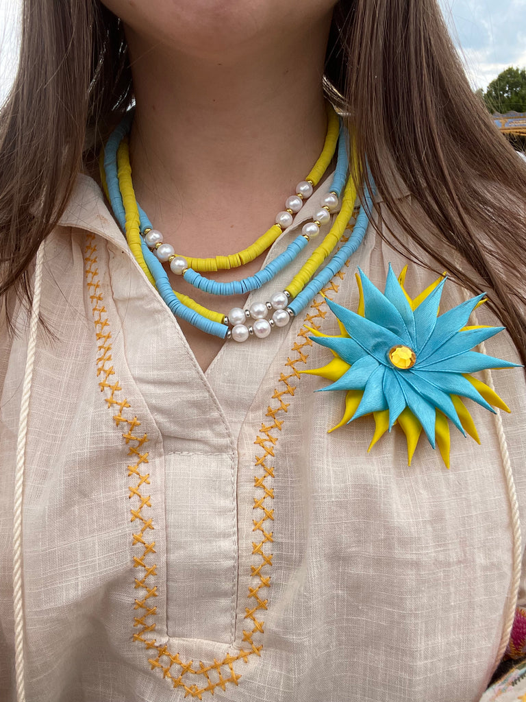 Polymer Clay and natural Pearl Necklace Support Ukraine Nation Flag Ukranian