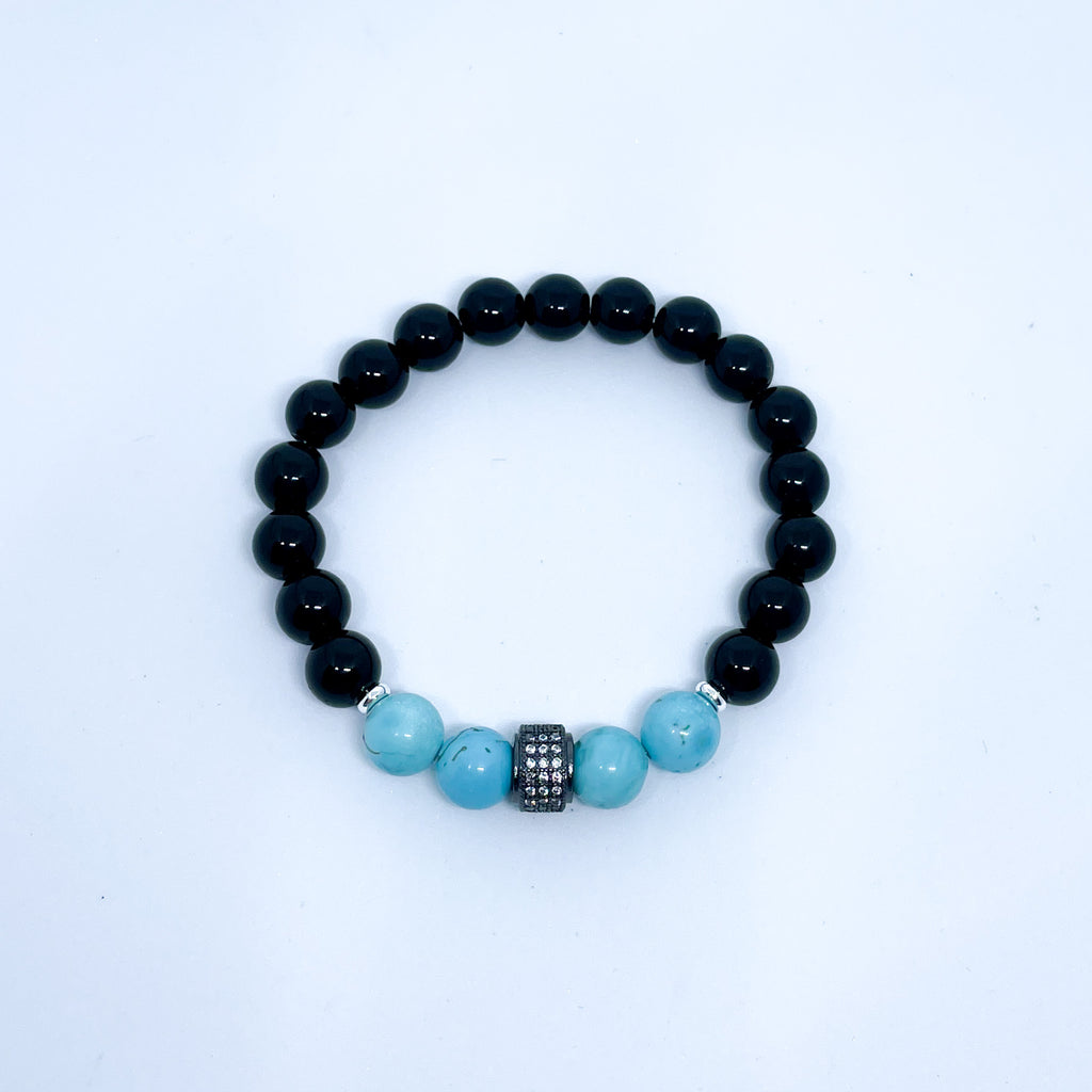 Turquoise and Onyx Energy Gemstone Couples Bracelet Set