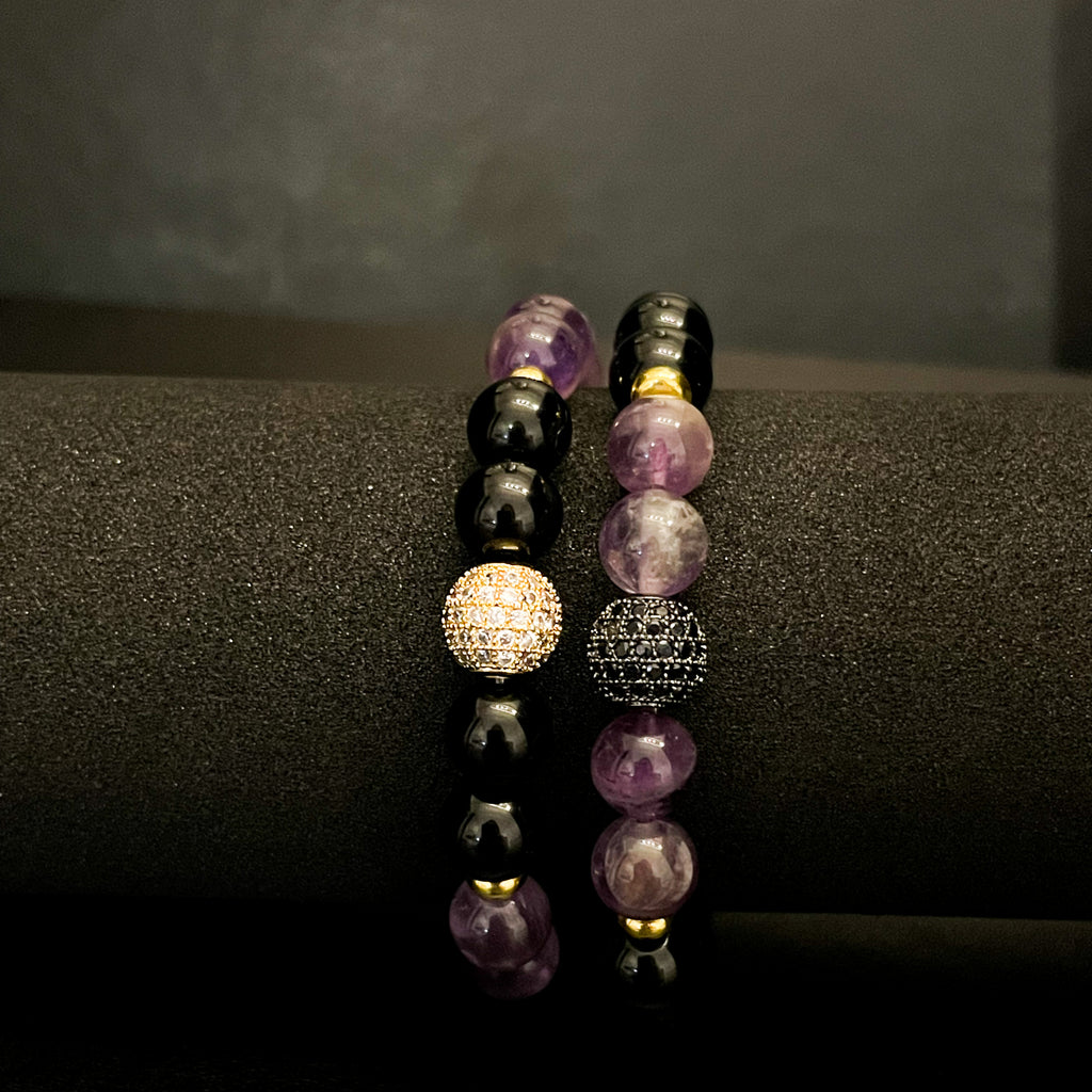 Amethyst and Onyx Energy Gemstone Couples Bracelet Set