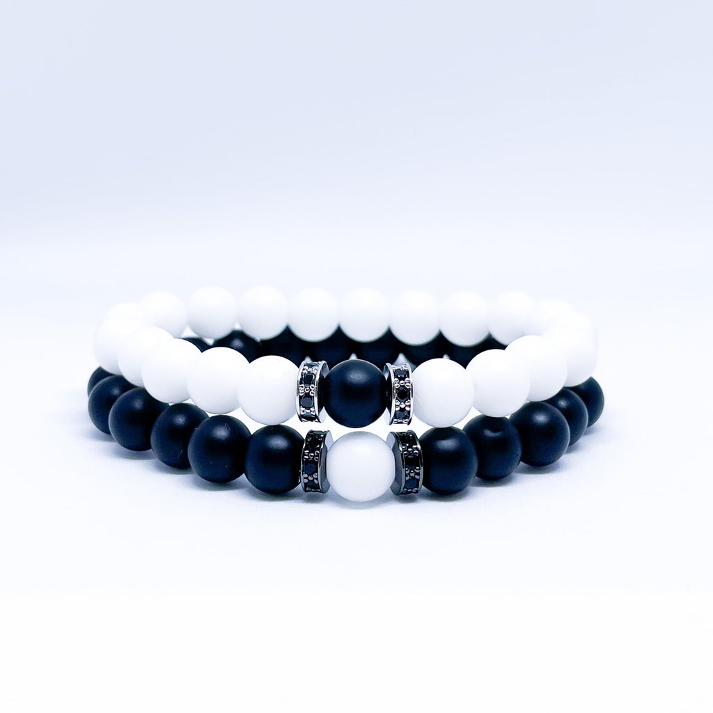 White and black Agate Energy Gemstone Couples Bracelet Set