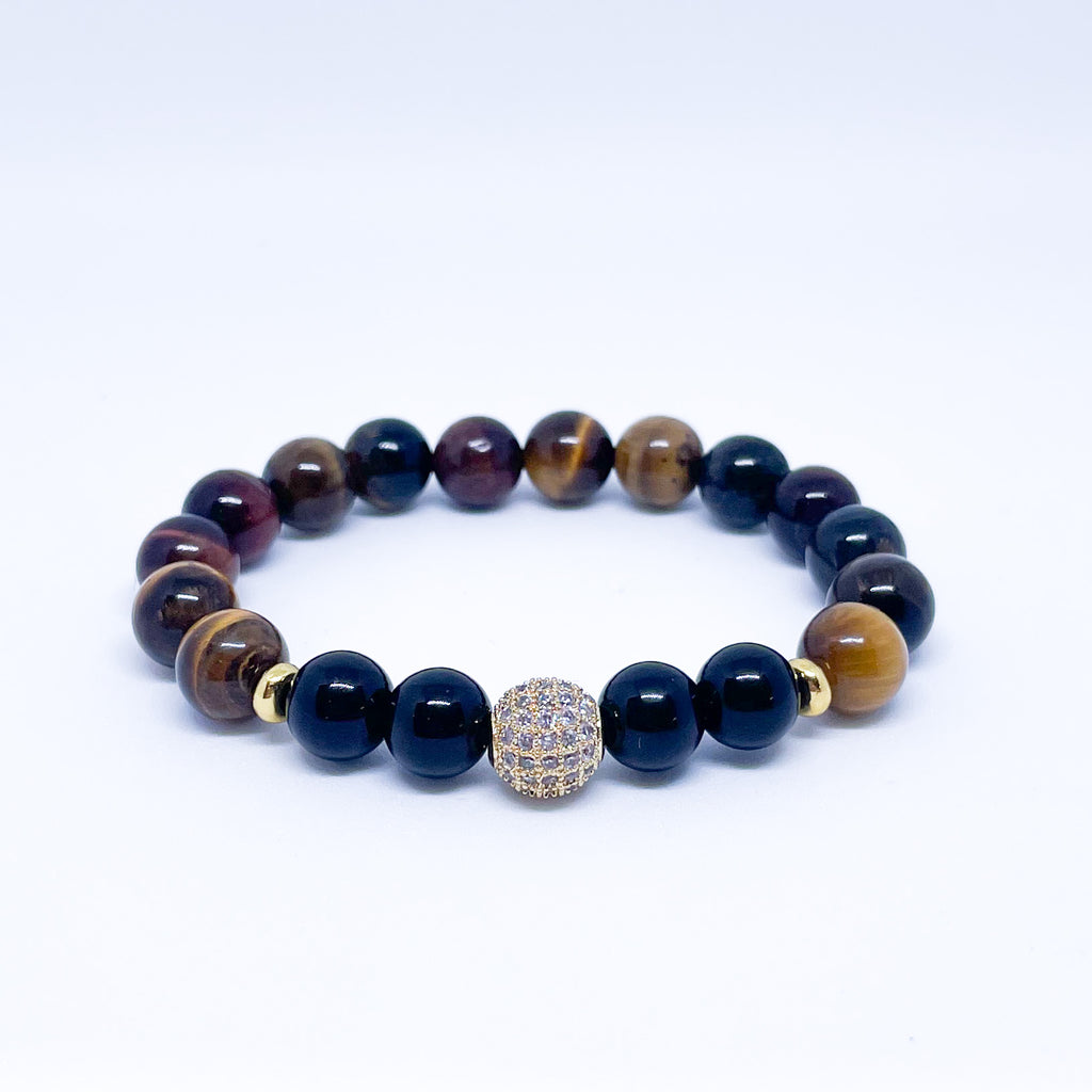 Multicolor Tiger Eye and Onyx Energy Gemstone Couples Bracelet Set