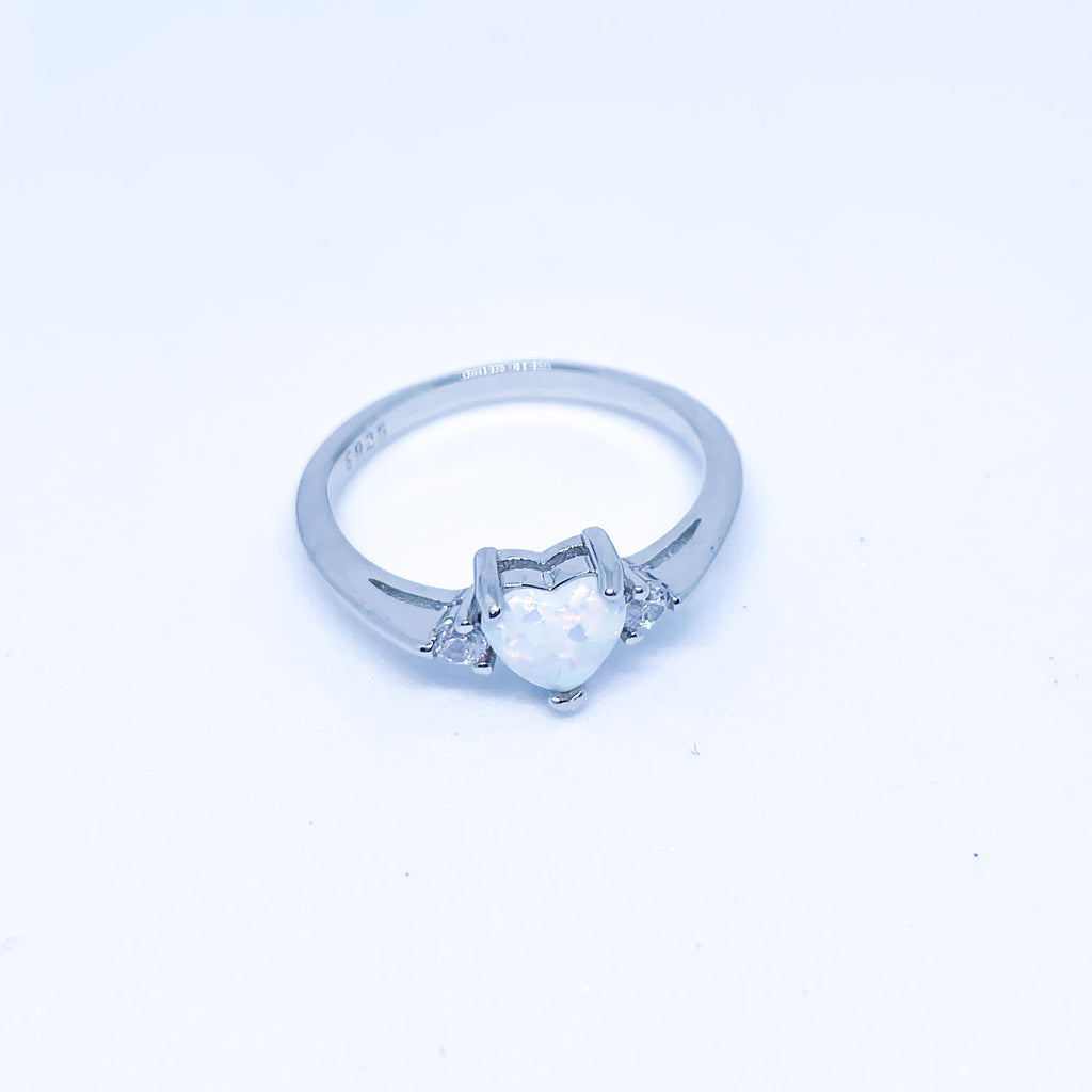 White, Pink, Blue Opal 925 Sterling Silver Gemstone Heart Ring