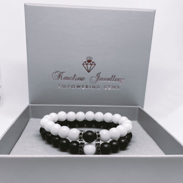 White and black Agate Energy Gemstone Couples Bracelet Set