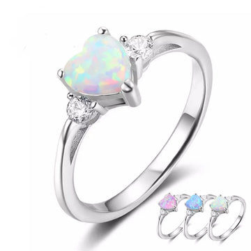 White, Pink, Blue Opal 925 Sterling Silver Gemstone Heart Ring