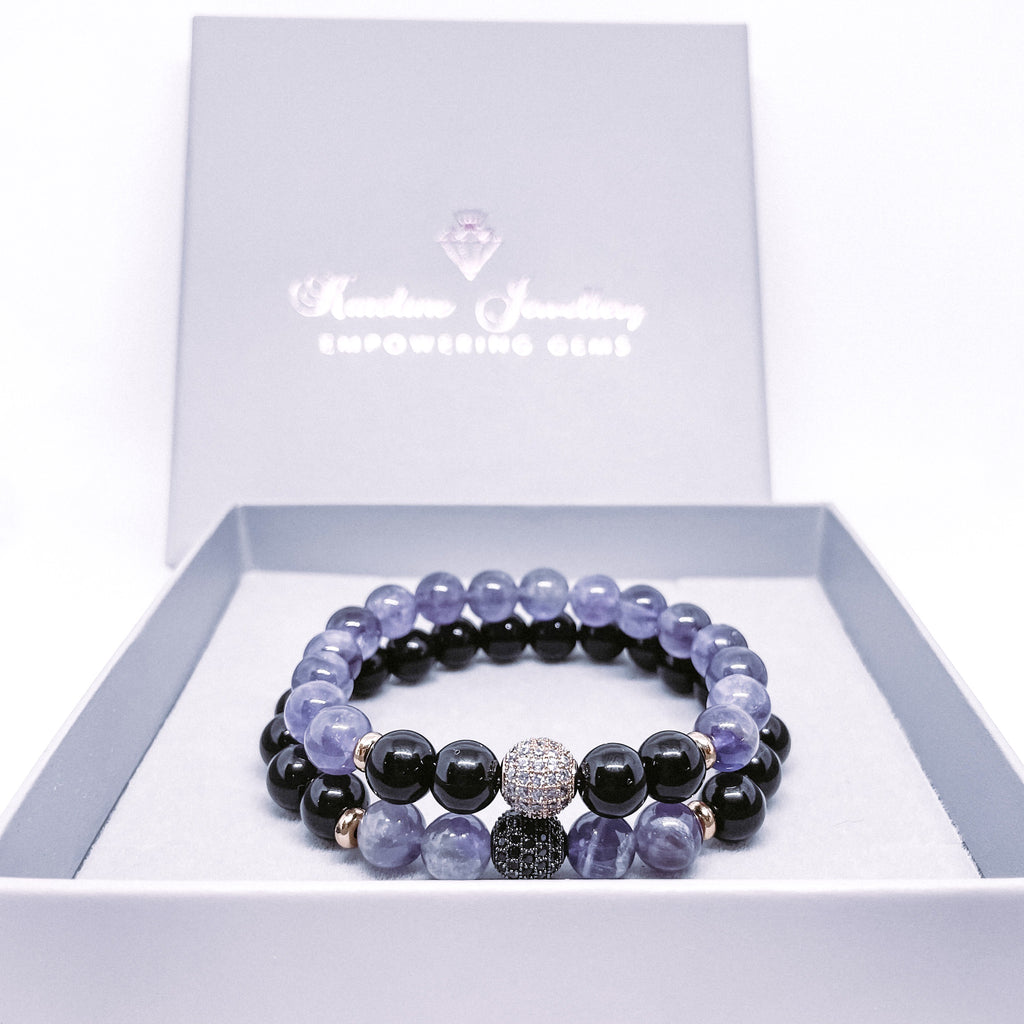 Amethyst and Onyx Energy Gemstone Couples Bracelet Set