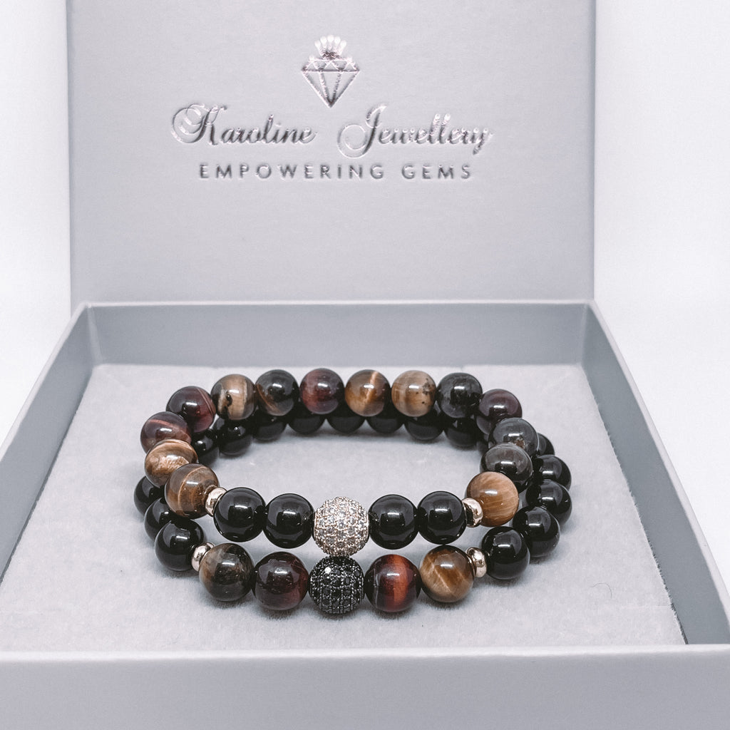 Multicolor Tiger Eye and Onyx Energy Gemstone Couples Bracelet Set