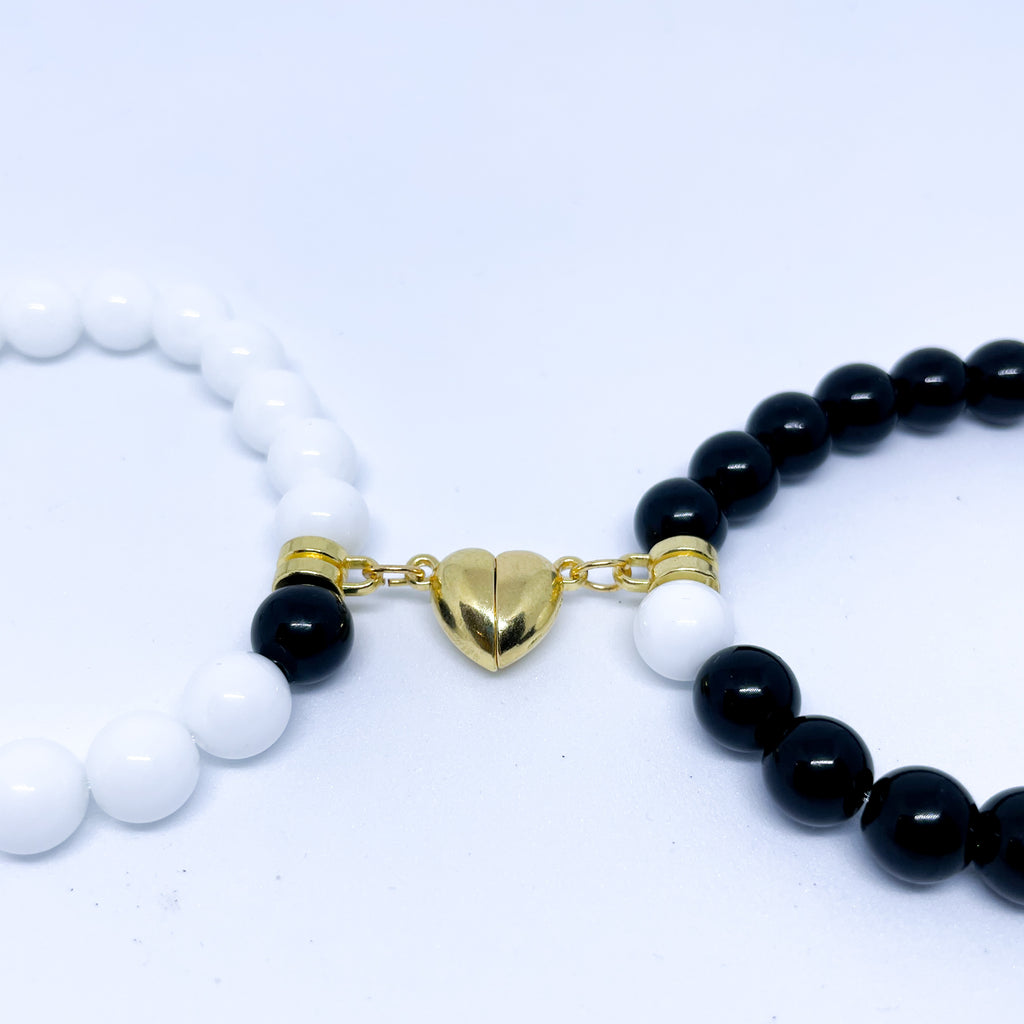 Couple magnetic gemstone bracelet set White and black Agate (gold and silver)