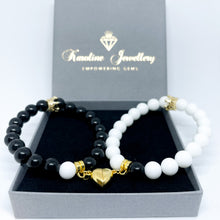 Couple magnetic gemstone bracelet set White and black Agate (gold and silver)