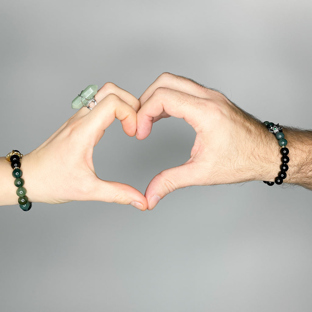 Moss agate and Onyx Energy Gemstone Couples Bracelet Set Indian agate