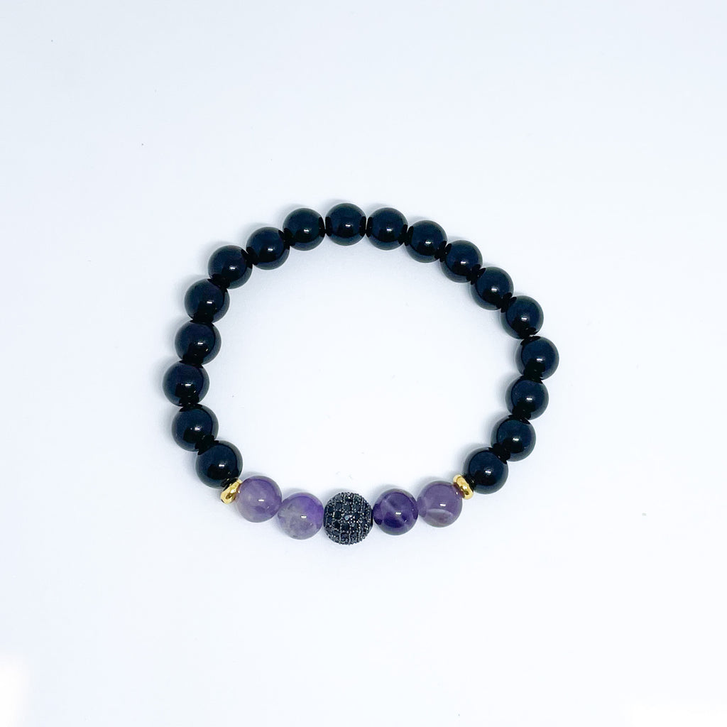 Amethyst and Onyx Energy Gemstone Couples Bracelet Set