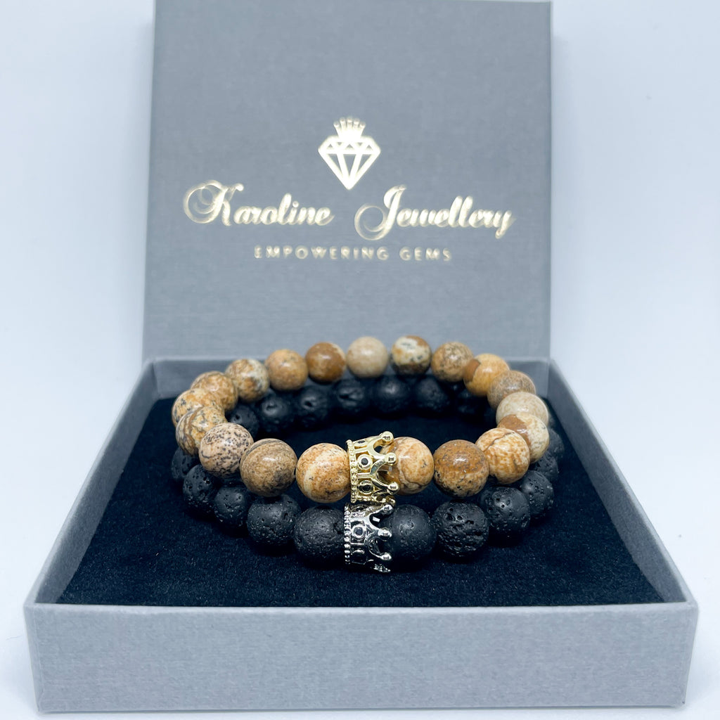 Picture Jasper and Black Lava Energy Gemstone Couples Bracelet Set