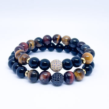 Multicolor Tiger Eye and Onyx Energy Gemstone Couples Bracelet Set