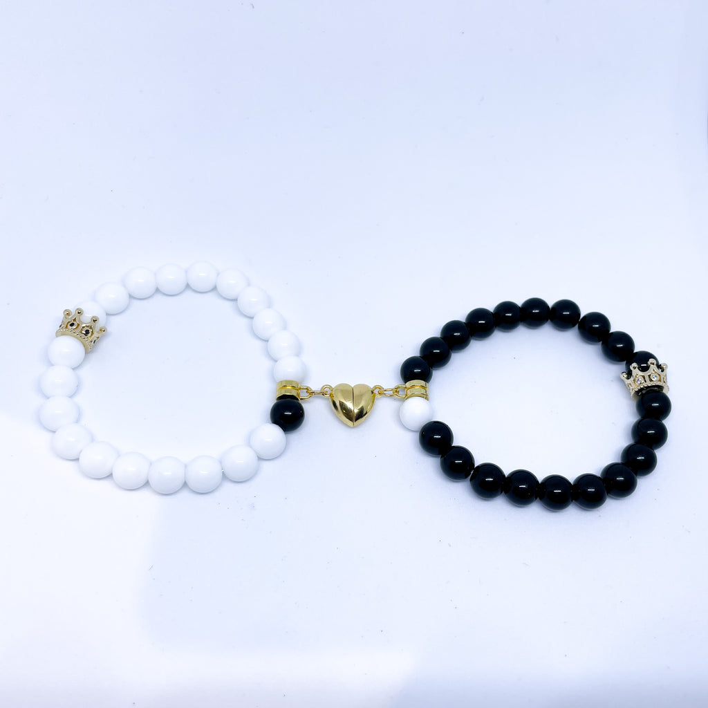 Couple magnetic gemstone bracelet set White and black Agate (gold and silver)