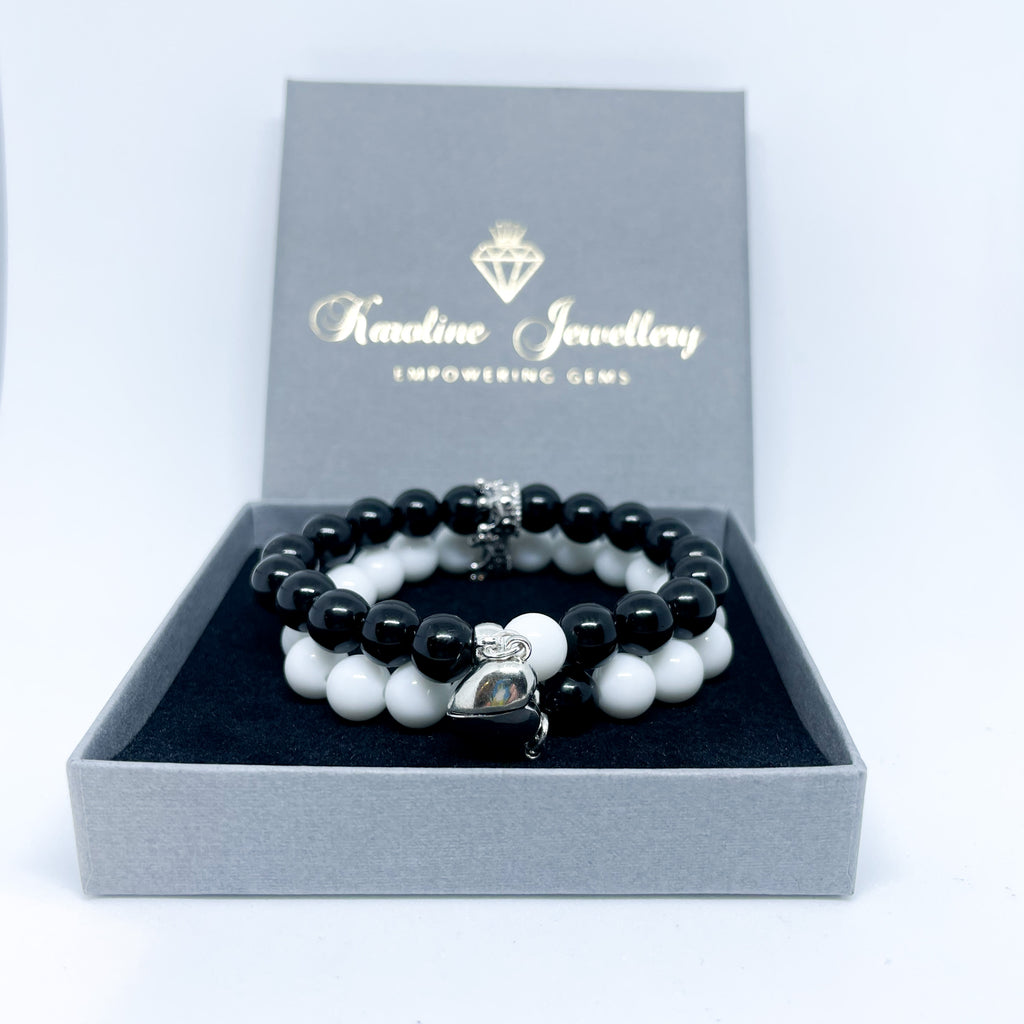 Couple magnetic gemstone bracelet set White and black Agate (gold and silver)