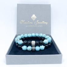 Turquoise and Onyx Energy Gemstone Couples Bracelet Set