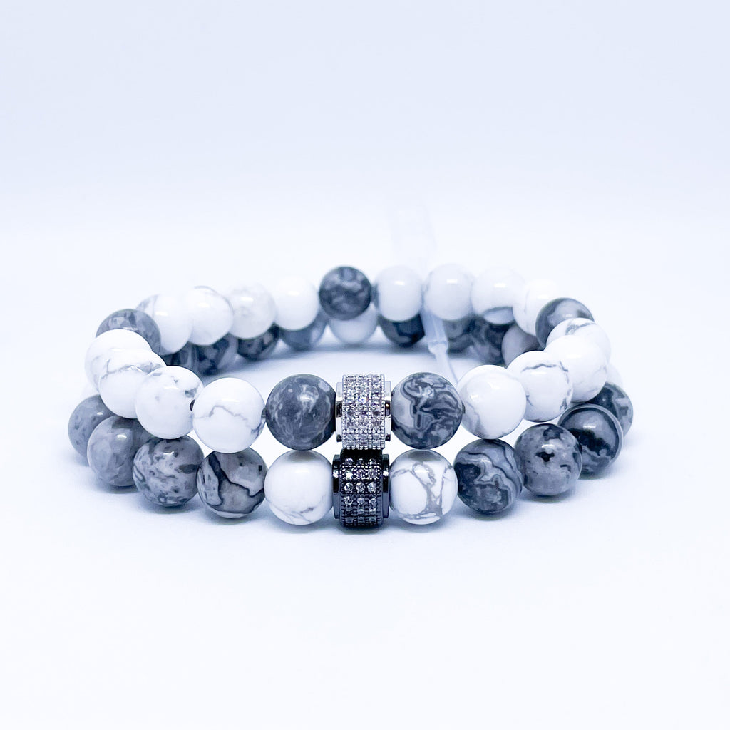 Gray Jasper and Howlite Energy Gemstone Couples Bracelet Set