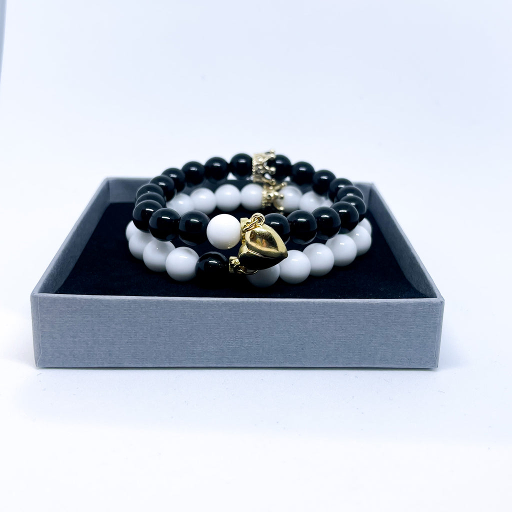 Couple magnetic gemstone bracelet set White and black Agate (gold and silver)