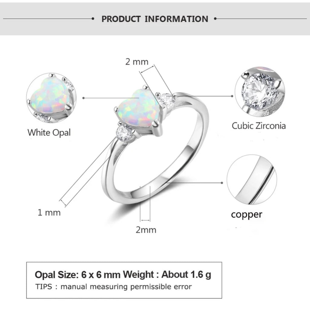 White, Pink, Blue Opal 925 Sterling Silver Gemstone Heart Ring