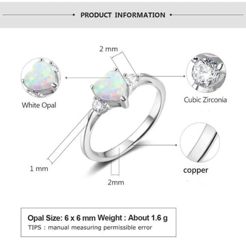 White, Pink, Blue Opal 925 Sterling Silver Gemstone Heart Ring