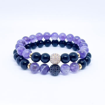 Amethyst and Onyx Energy Gemstone Couples Bracelet Set