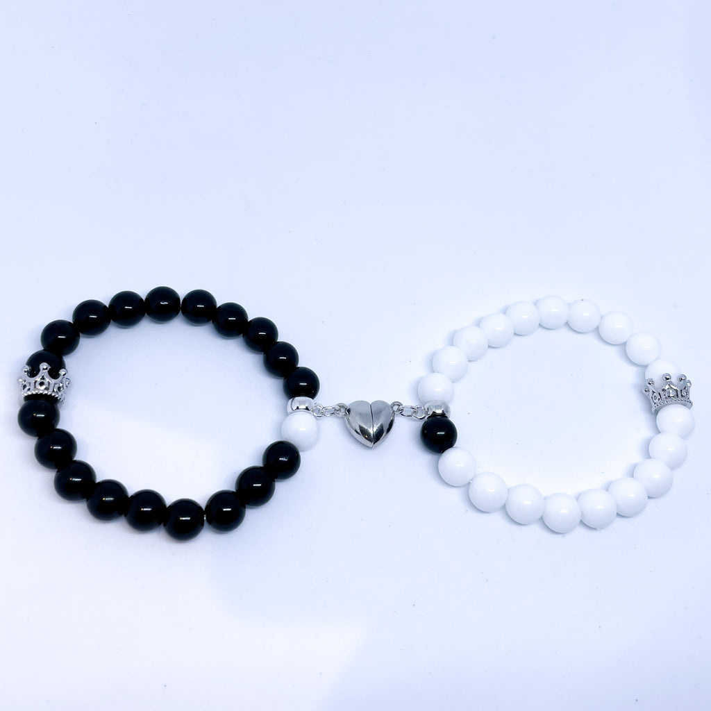 Couple magnetic gemstone bracelet set White and black Agate (gold and silver)