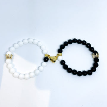 Couple magnetic gemstone bracelet set White and black Agate (gold and silver)