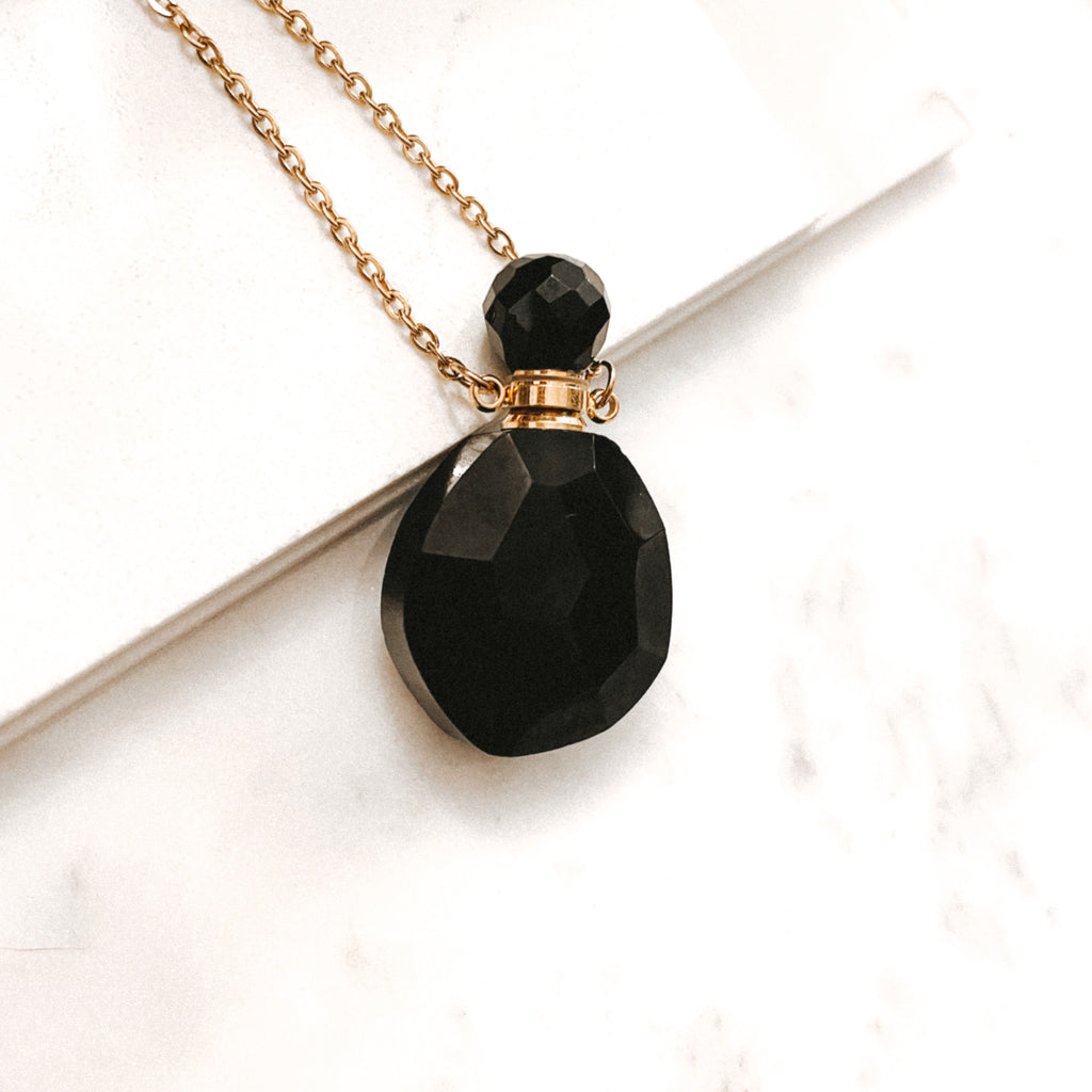 Gemstone Energy Bottle necklace Black Agate (Gold)