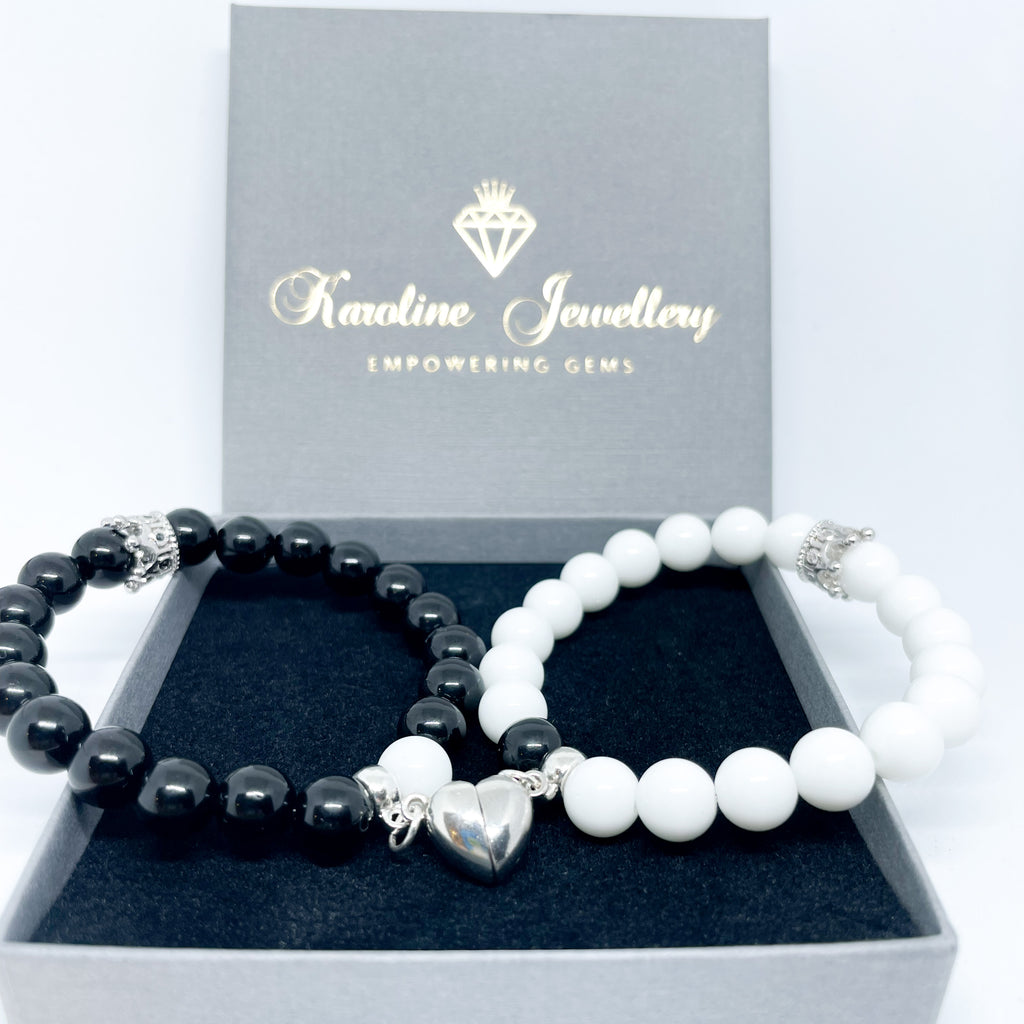 Couple magnetic gemstone bracelet set White and black Agate (gold and silver)