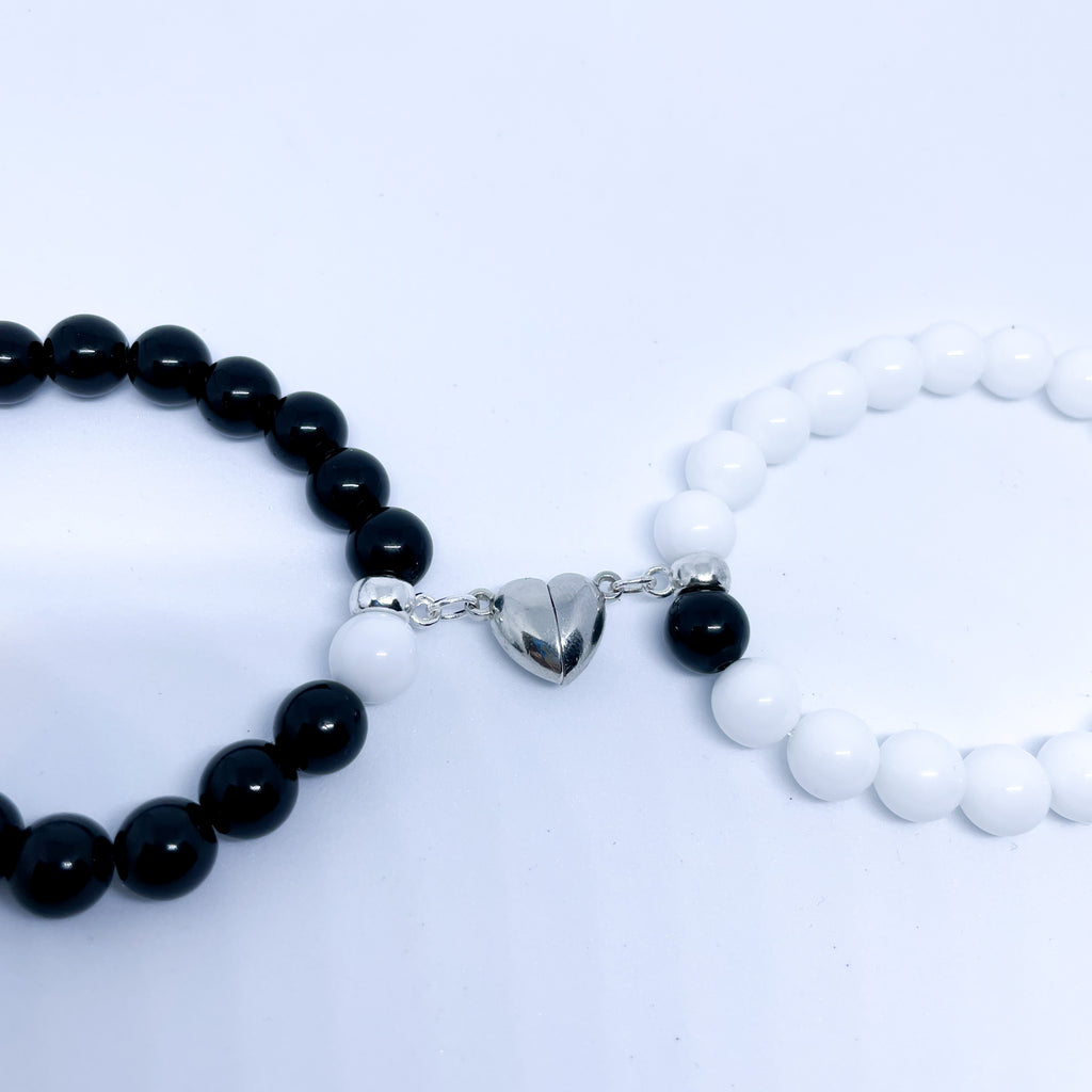 Couple magnetic gemstone bracelet set White and black Agate (gold and silver)